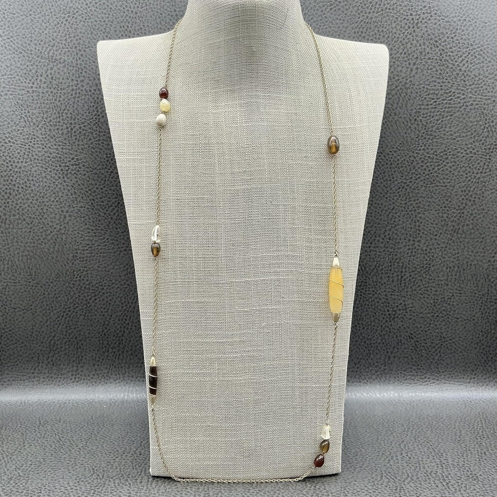 Kenneth Cole Necklace Gold Tone Multicolor Stone Beaded Station Long Chain 28"
